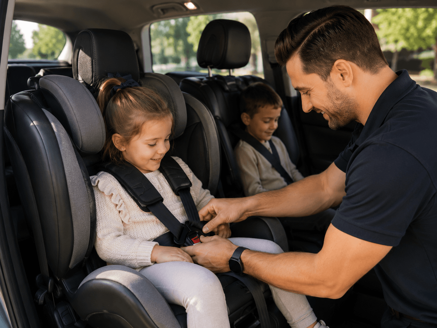 Tiny Travellers driver helping secure a child safely into a professionally fitted car seat before departure.