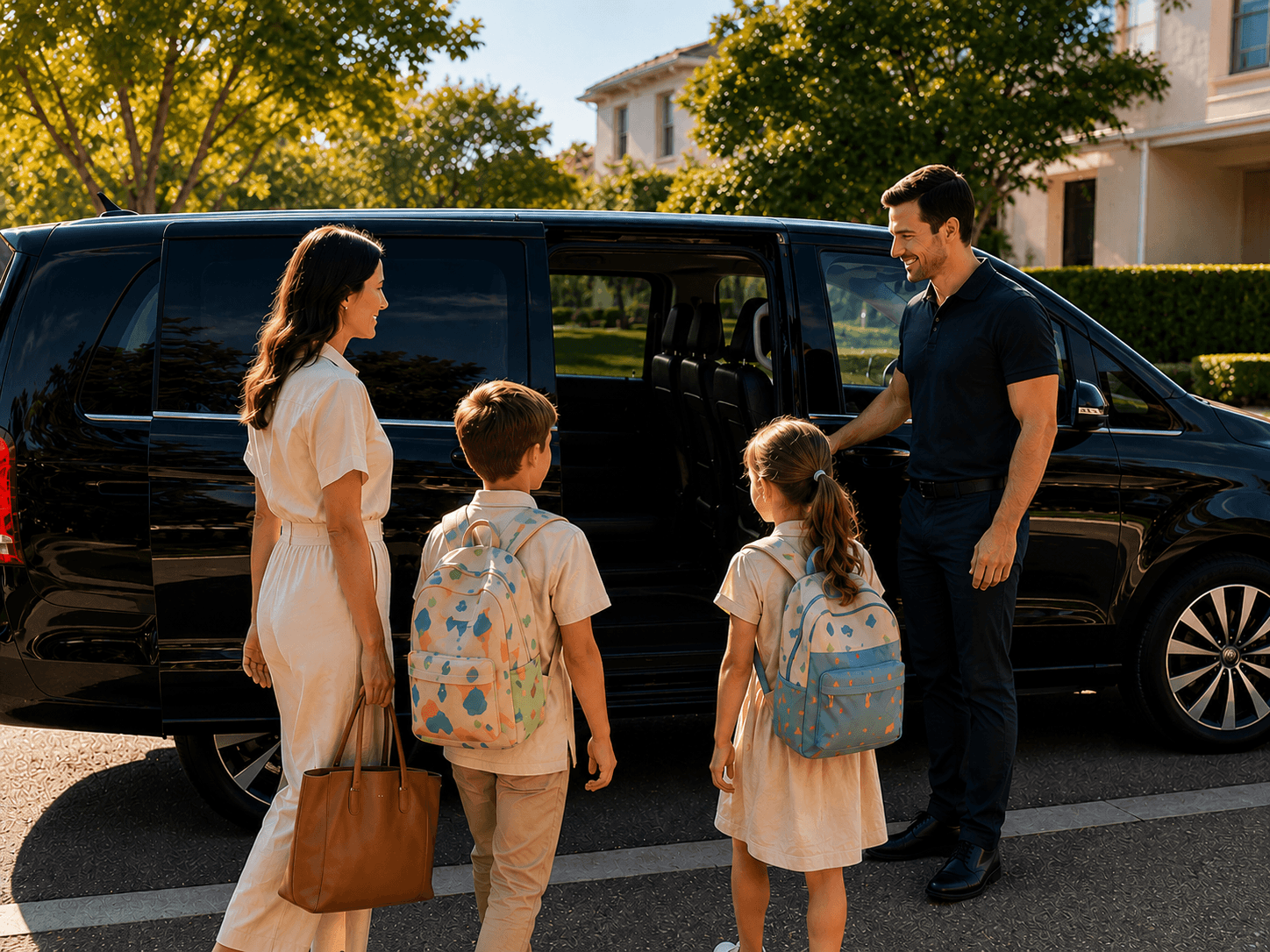 Tiny Travellers driver welcoming a family to a premium vehicle for a private transfer in Sydney.