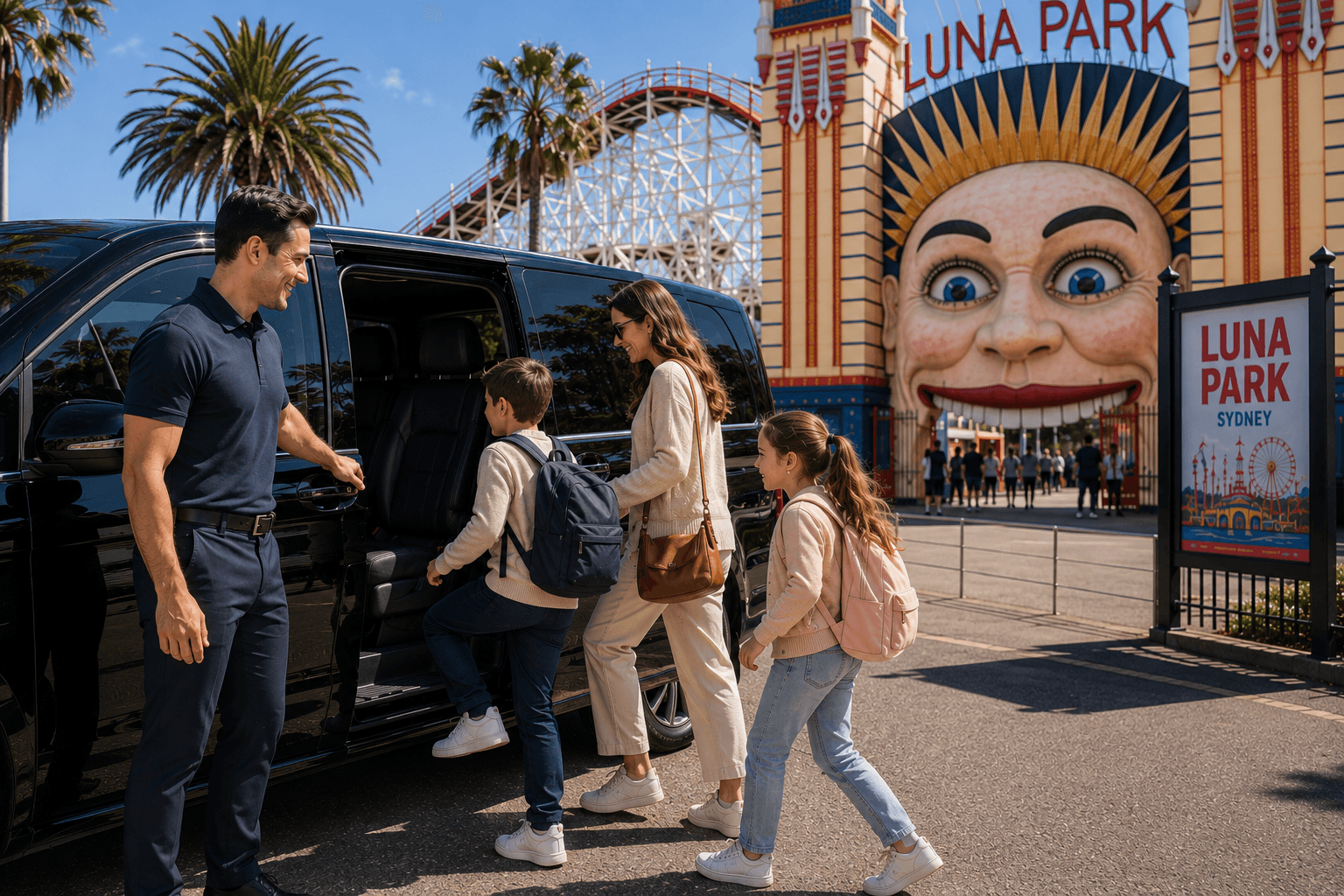 Family boarding a premium black van outside Luna Park Sydney with a professional driver assisting their journey.