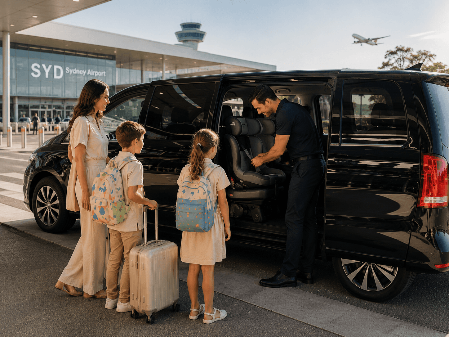 Tiny Travellers driver preparing a professionally fitted child seat at Sydney Airport before welcoming a family onboard.