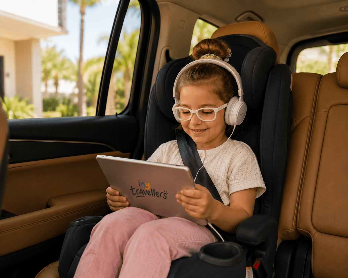 Young traveller relaxing in a professionally fitted child seat with onboard entertainment during a Tiny Travellers journey.