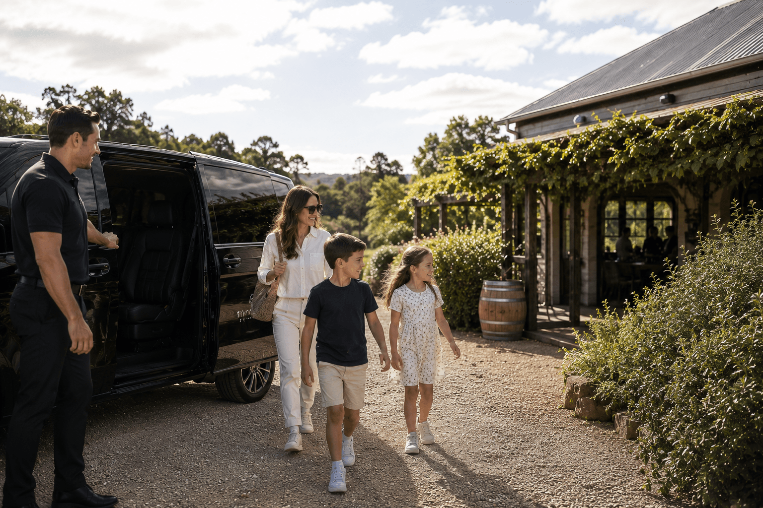 Family arriving at a Hunter Valley winery in a premium black van for a family day trip from Sydney.