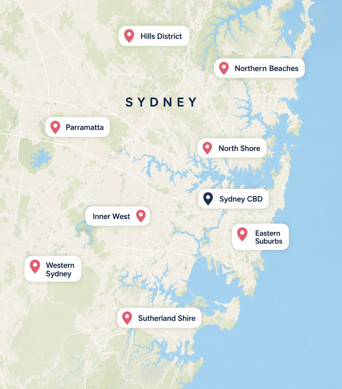 Map showing Tiny Travellers' family transport service areas across Sydney, including the Eastern Suburbs, North Shore, Northern Beaches, Inner West, Hills District, Western Sydney, Parramatta and Sutherland Shire.