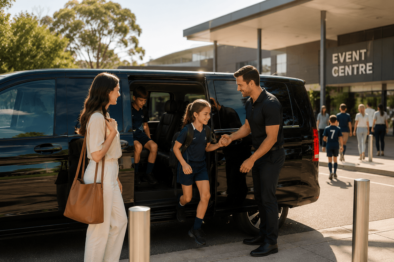 Family arriving at a Sydney event venue with a Tiny Travellers driver and premium family transport vehicle.