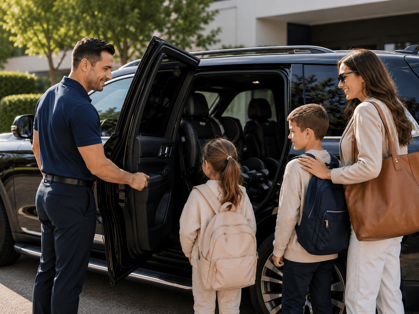 Professional driver welcoming a family into a premium vehicle for a private family chauffeur service in Sydney.